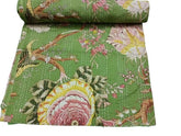 Indian Cotton Big Floral Print Kantha Quilt Bedding Throw Sofa Coverlet Bedspread Queen Size Handmade Vintage Blanket Green Color
